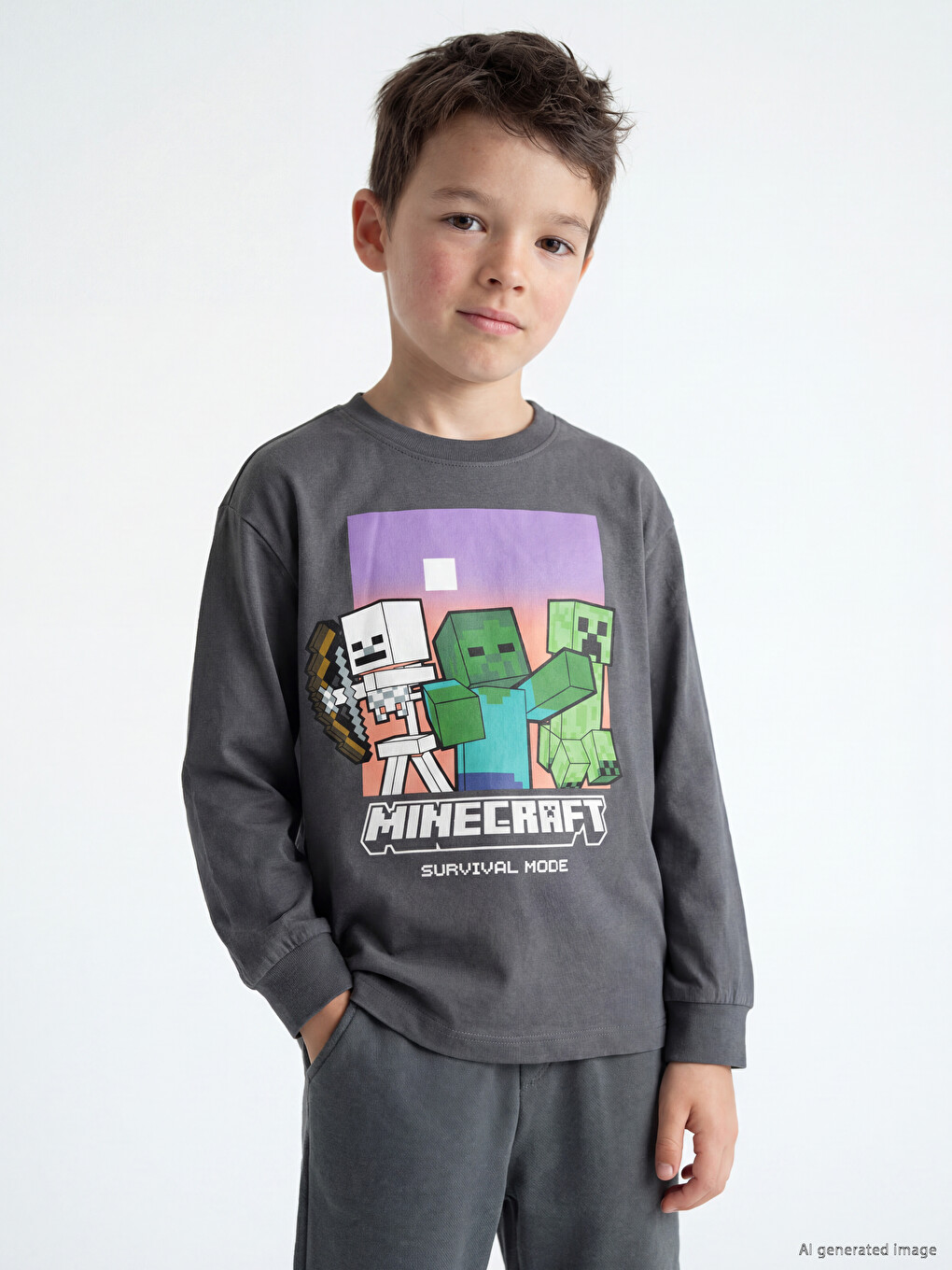 Crew Neck Minecraft Printed Boys' T-shirt