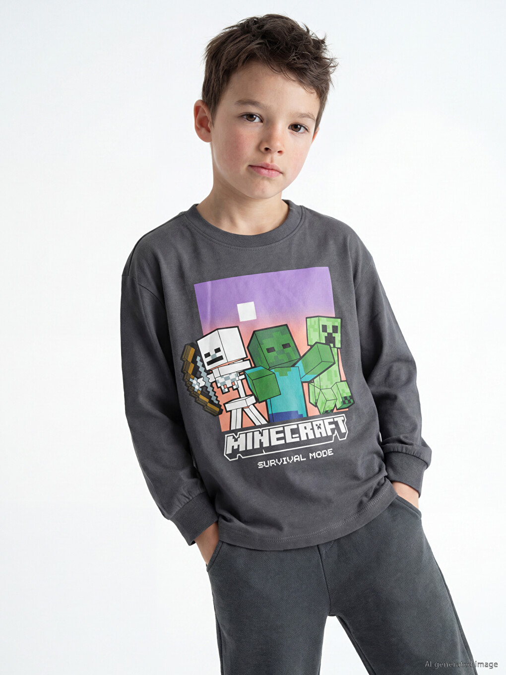 Crew Neck Minecraft Printed Boys' T-shirt-1