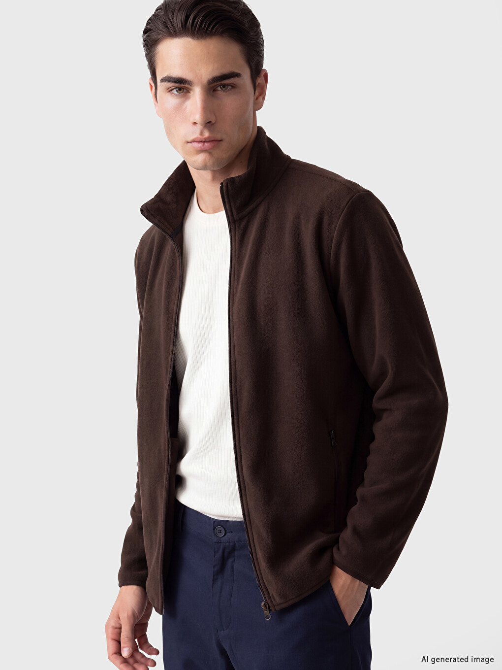 Kahverengi Dik Yaka Erkek Polar Sweatshirt