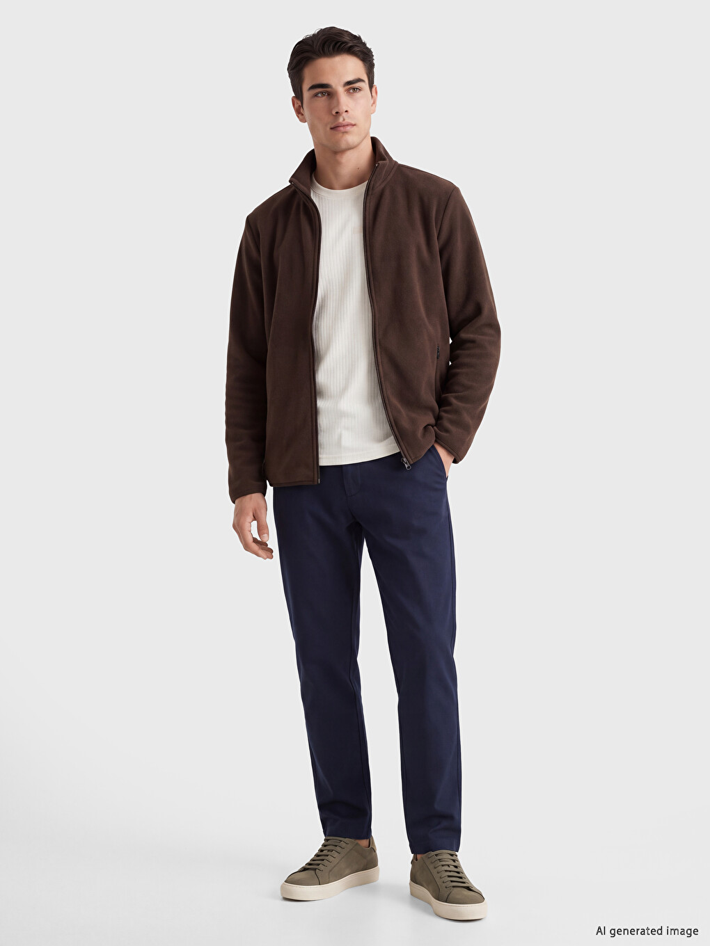 Kahverengi Dik Yaka Erkek Polar Sweatshirt-1