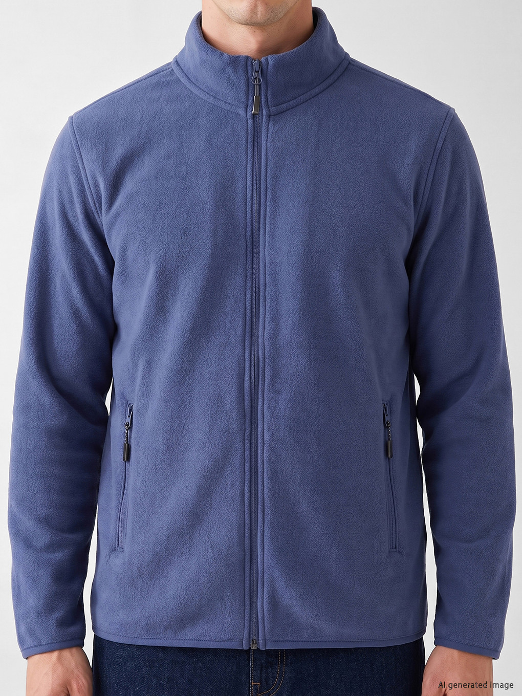 Mavi Dik Yaka Erkek Polar Fermuarlı Sweatshirt-2