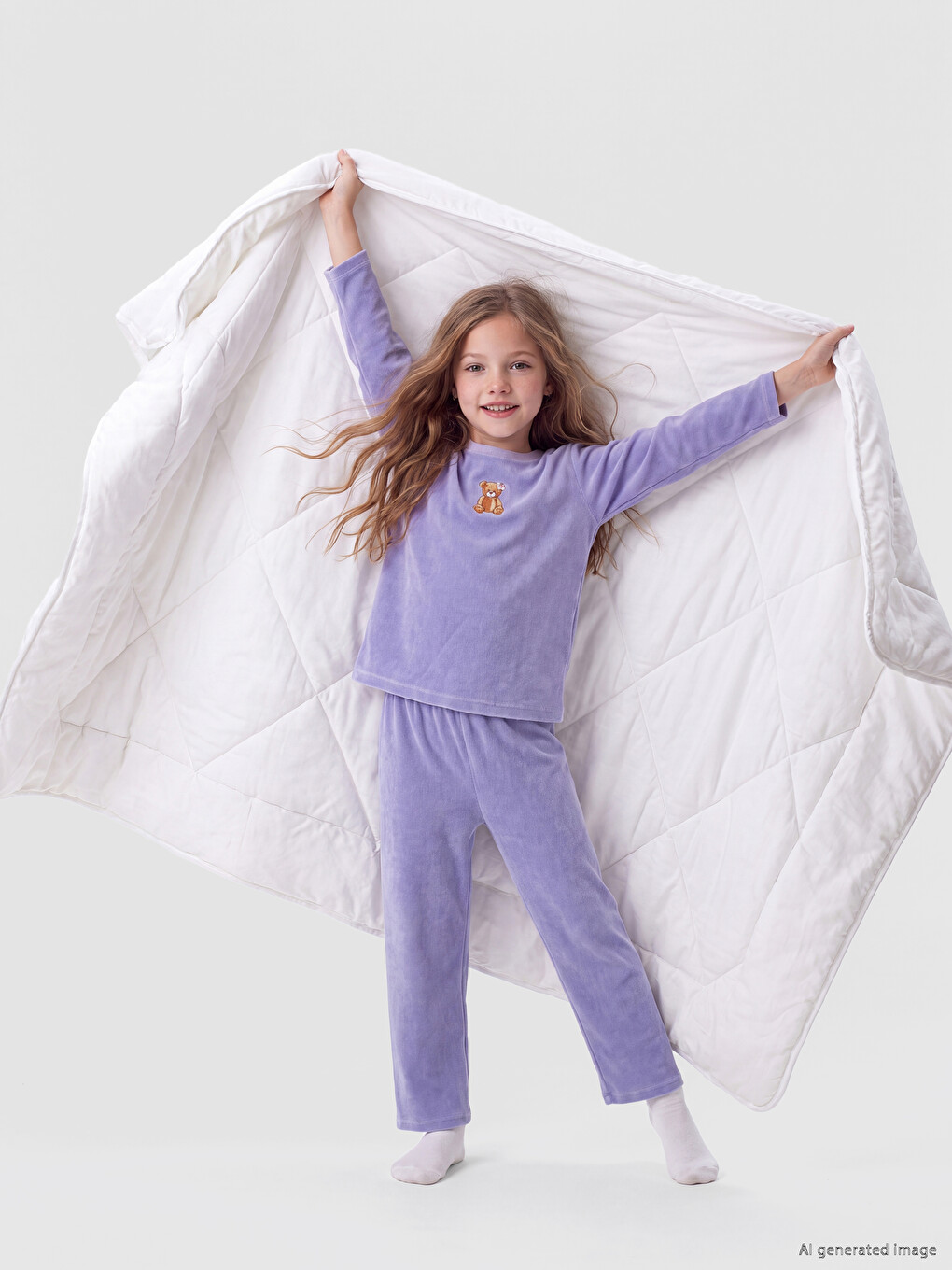 Lila Ayıcık Baskılı Kız Çocuk Pijama Takımı