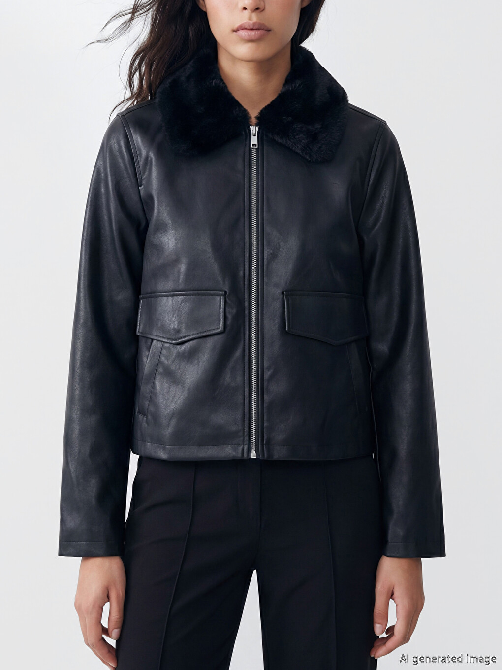 Woman Black Faux Leather Jacket-2