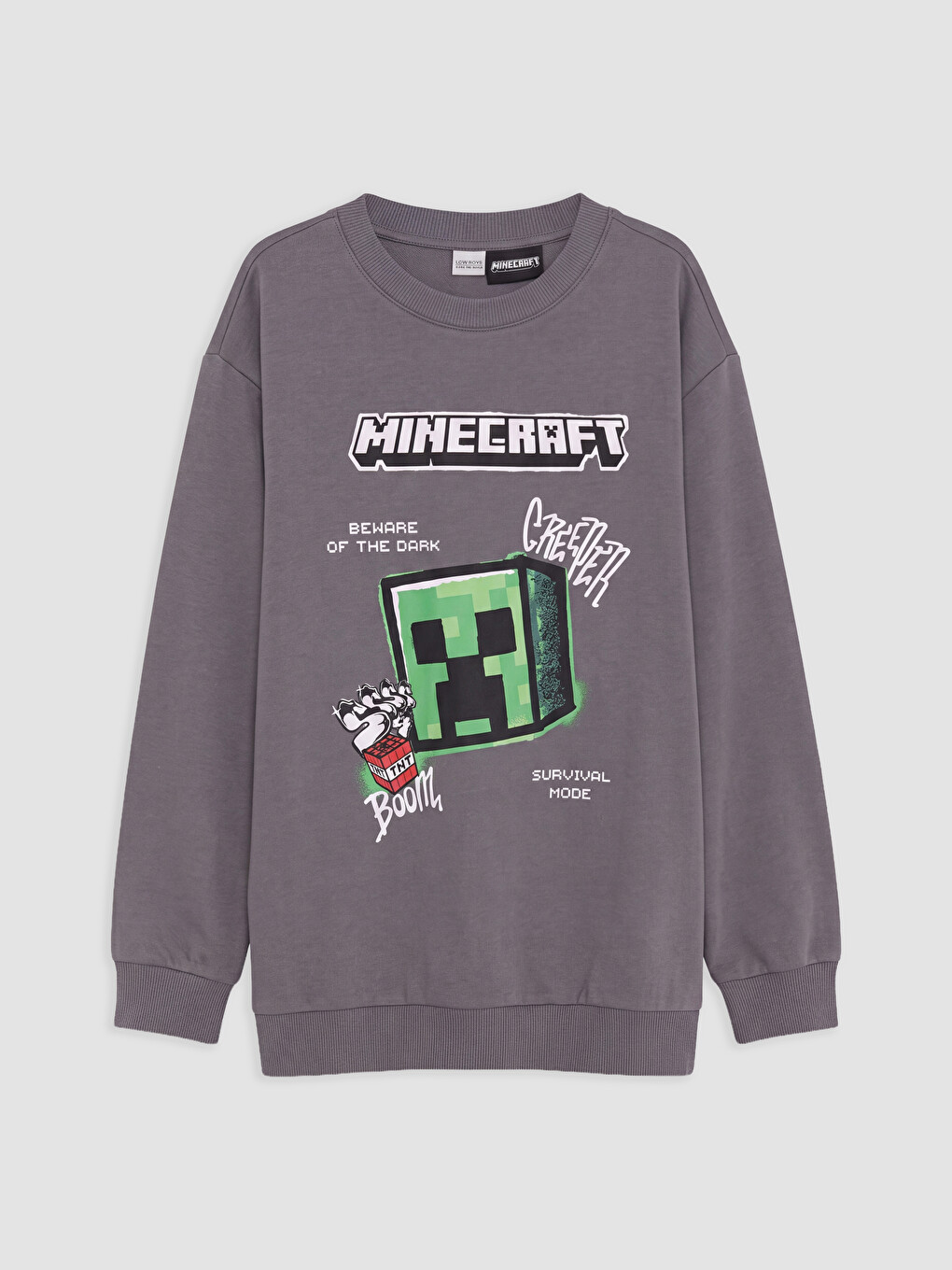Gri Bisiklet Yaka Minecraft Baskılı Erkek Çocuk Sweatshirt