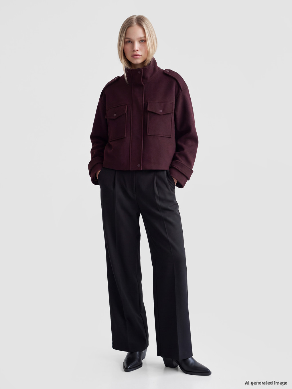Bordo Dik Yaka Oversize Kadın Kaşe Ceket-1