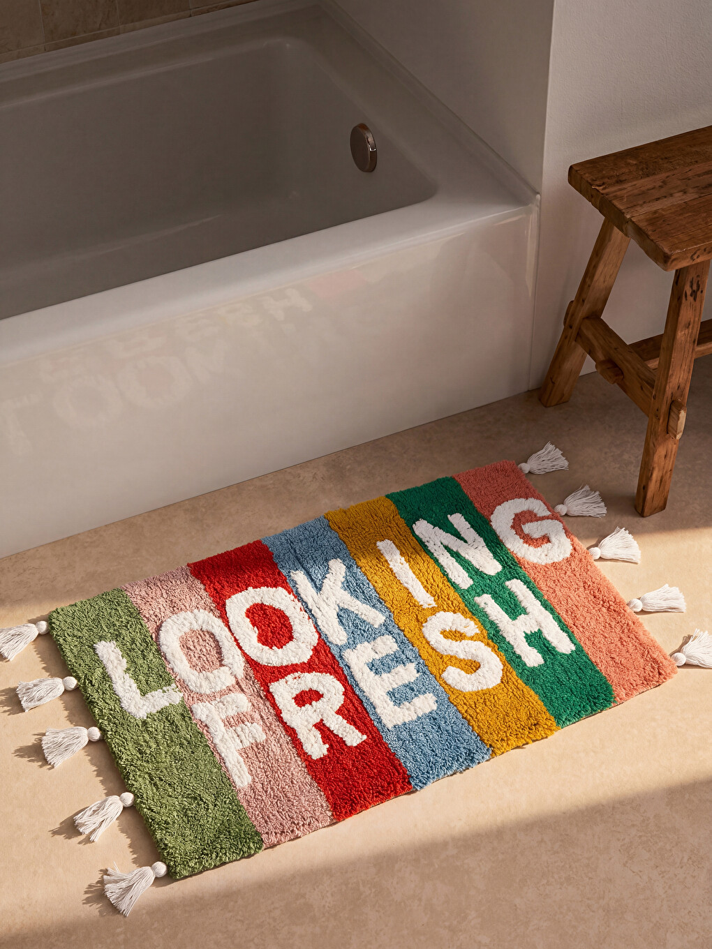 Karışık Renk Bloklu Püsküllü Banyo Paspası 50x80 Cm