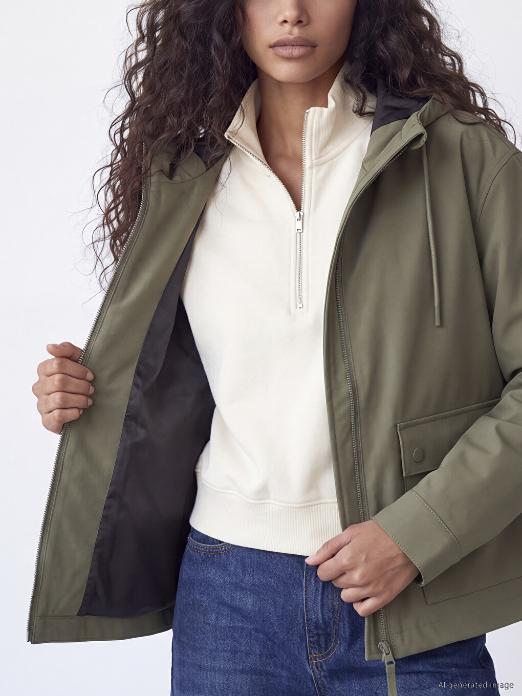 Haki Kapüşonlu Oversize Kadın Yağmurluk-2