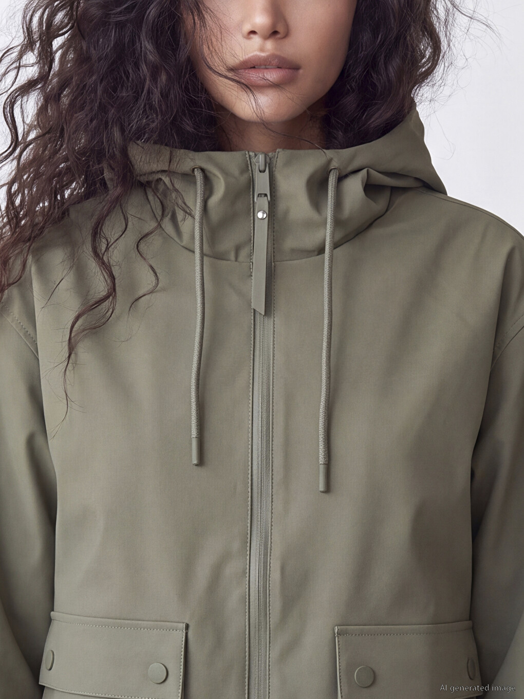 Haki Kapüşonlu Oversize Kadın Yağmurluk-3