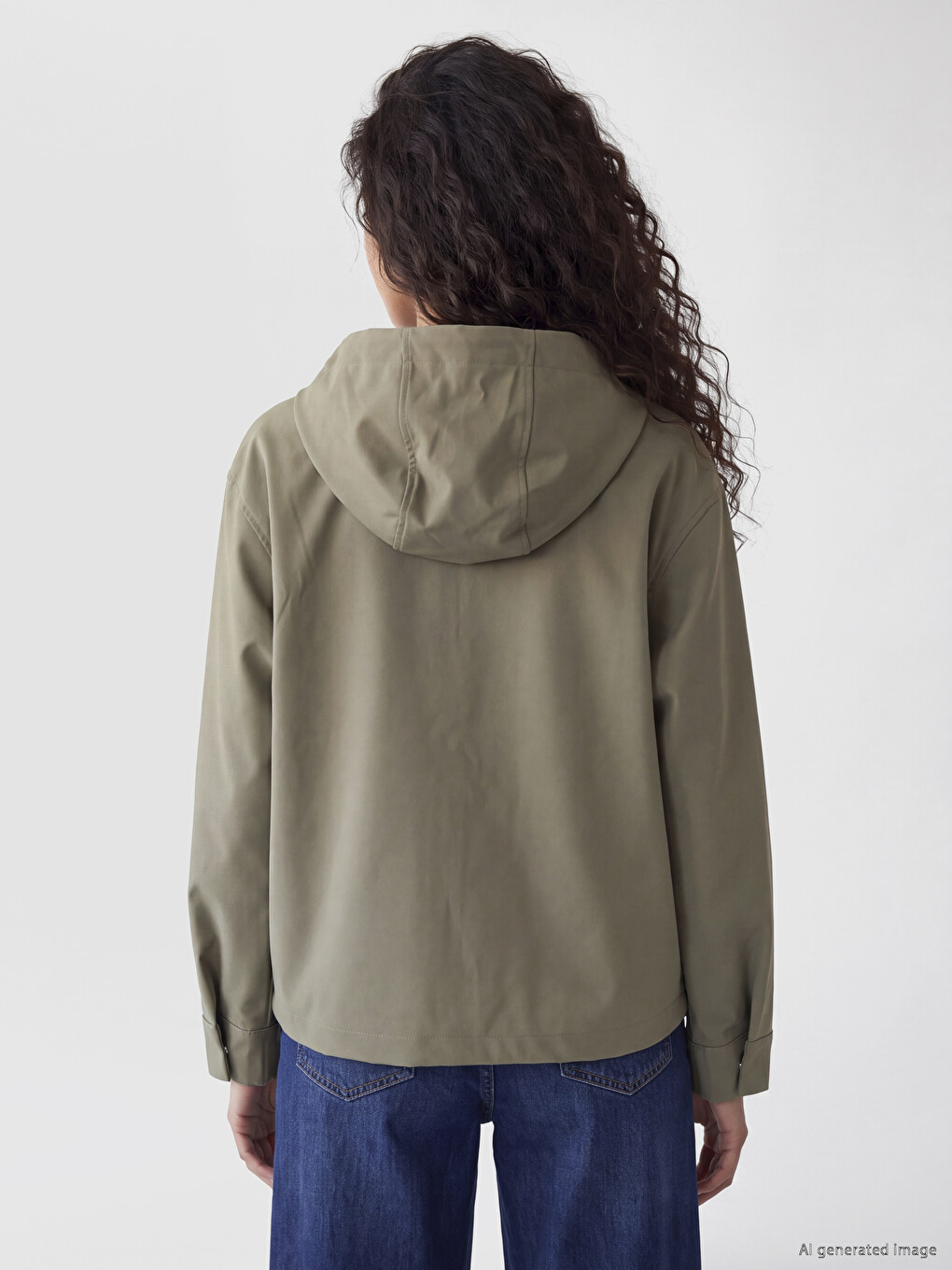 Haki Kapüşonlu Oversize Kadın Yağmurluk-4