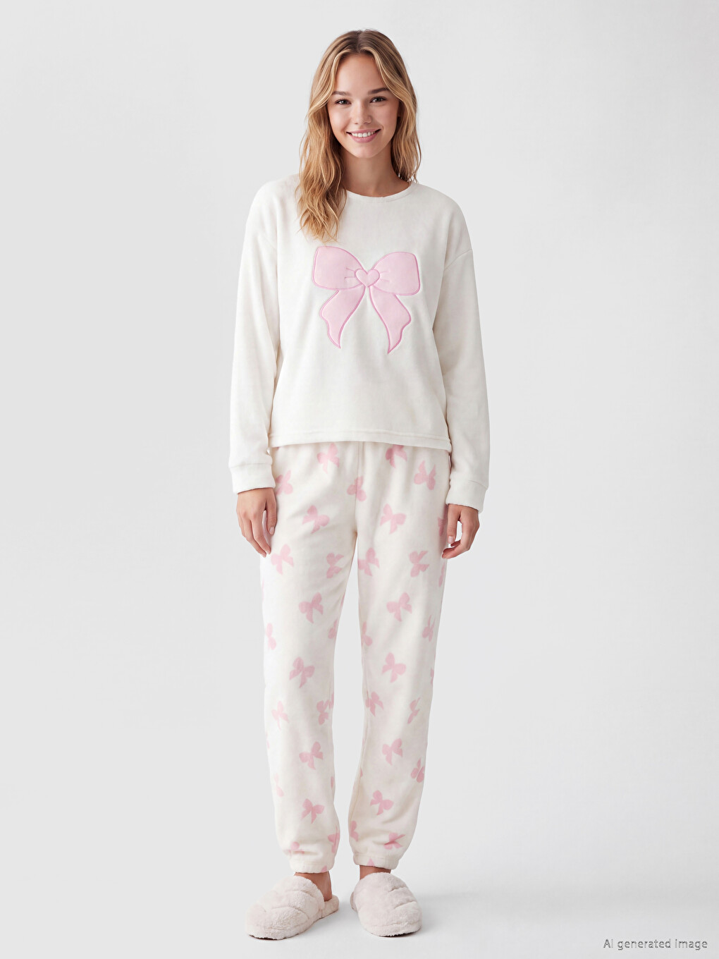 Bow Embroidered Women's Plush Pyjamas Set-1