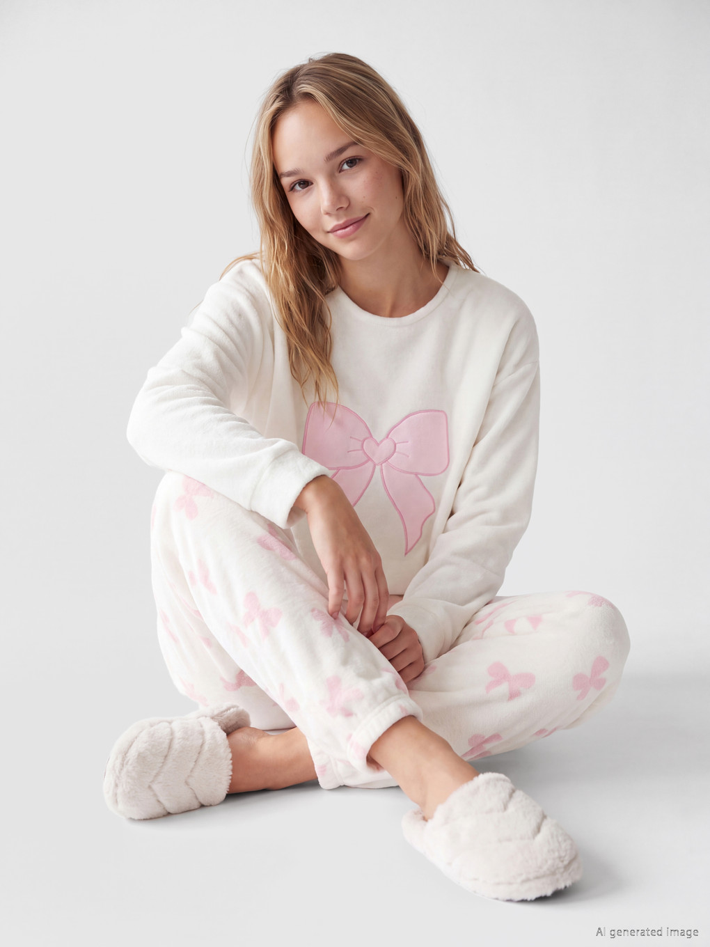 Bow Embroidered Women's Plush Pyjamas Set