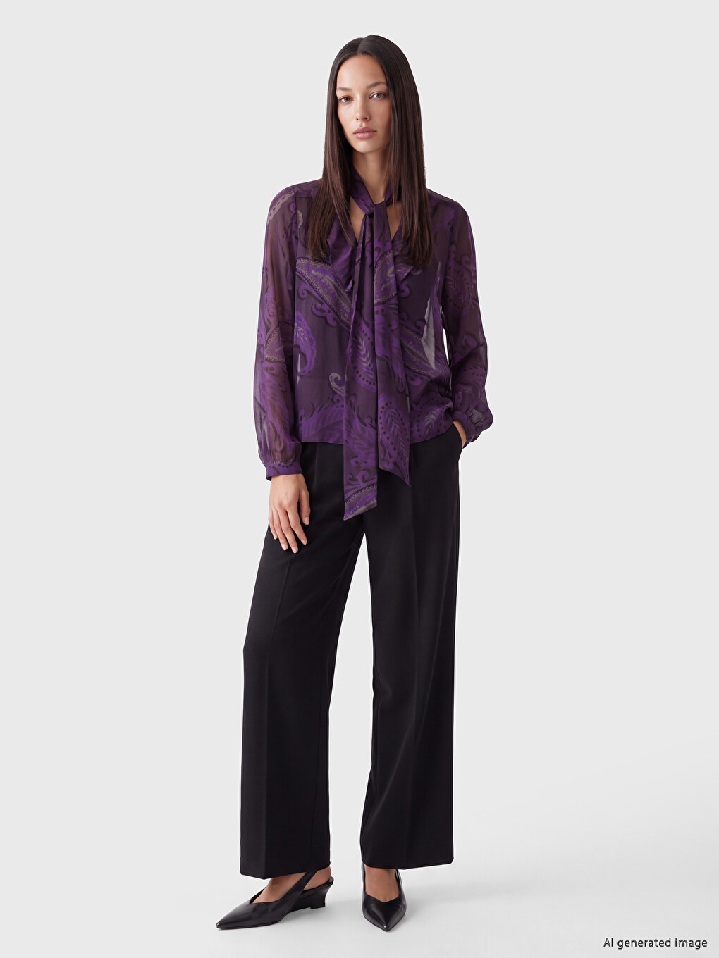 Tie Neck Patterned Chiffon Blouse-1