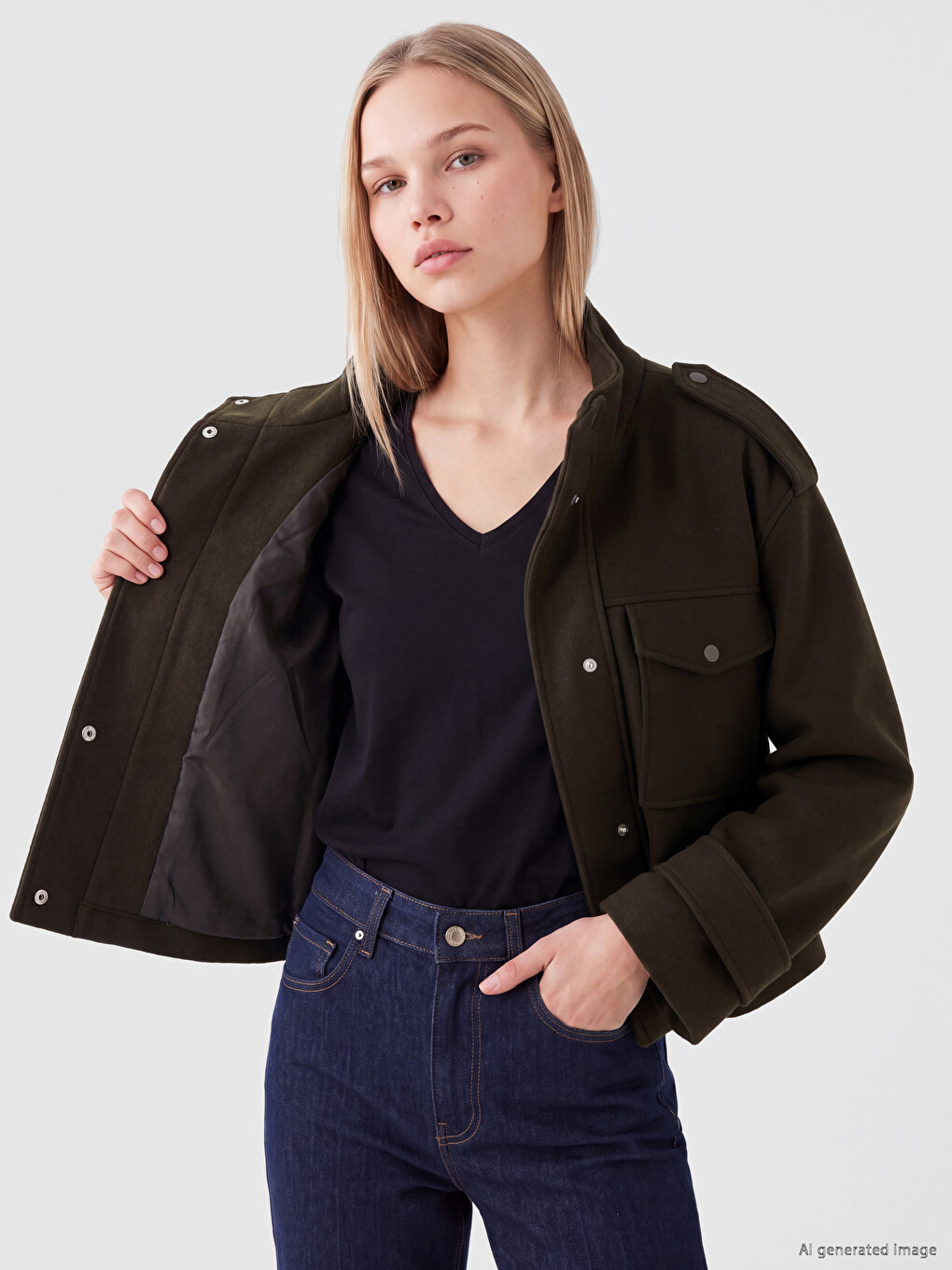 Haki Dik Yaka Oversize Kadın Kaşe Ceket-3