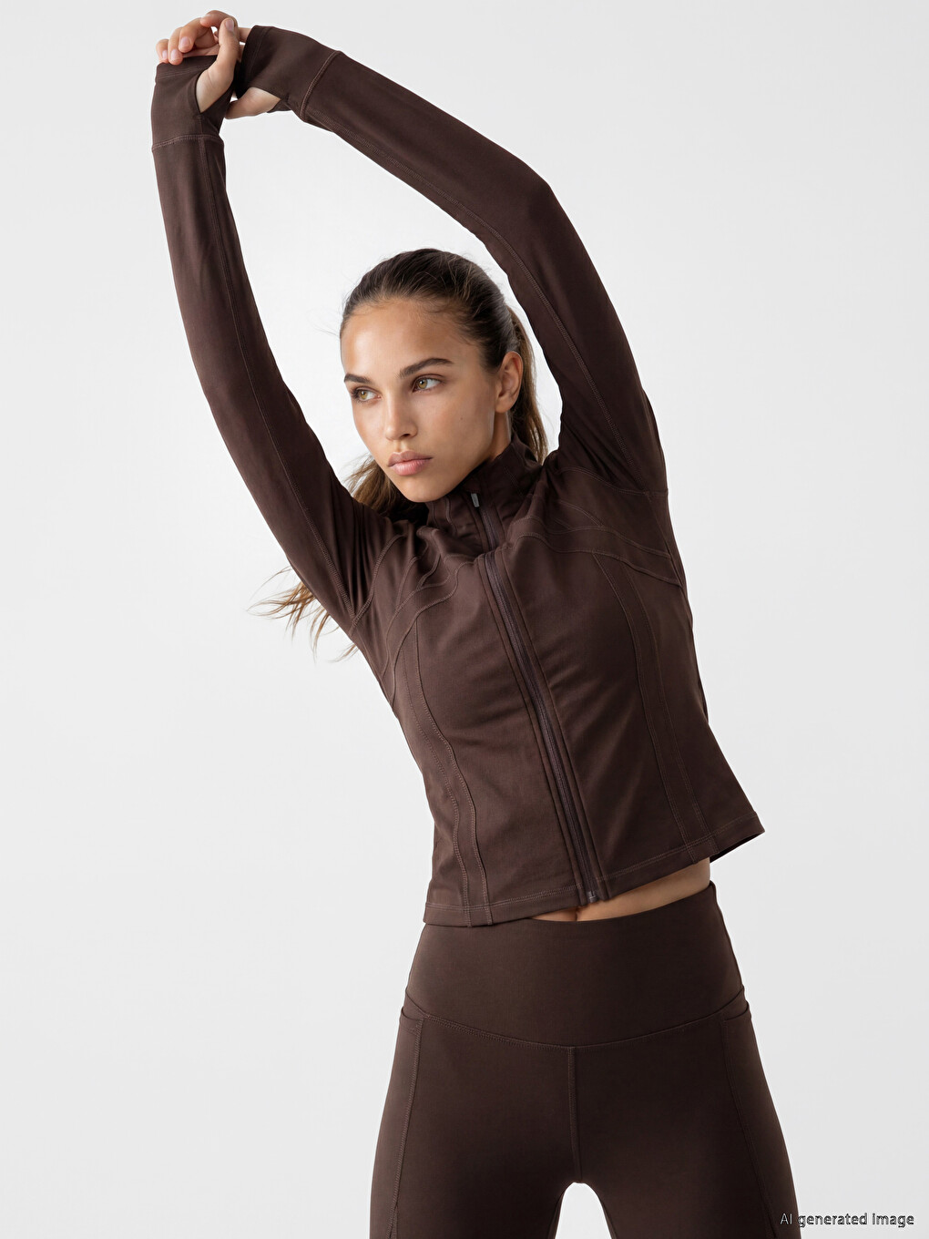 Dik Yaka Parmak Geçmeli Kadın Fermuarlı Sweatshirt