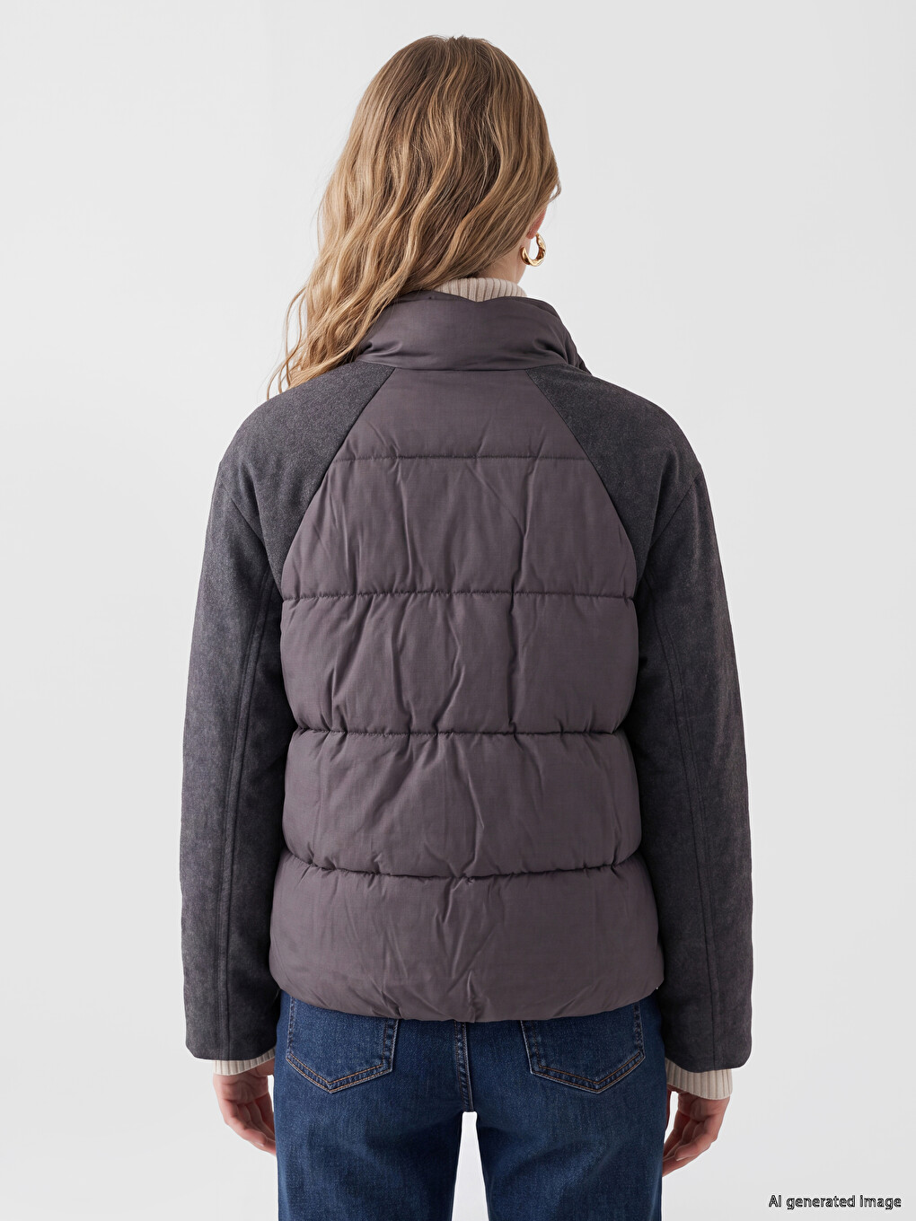 Antrasit Dik Yaka Oversize Kadın Şişme Mont-4