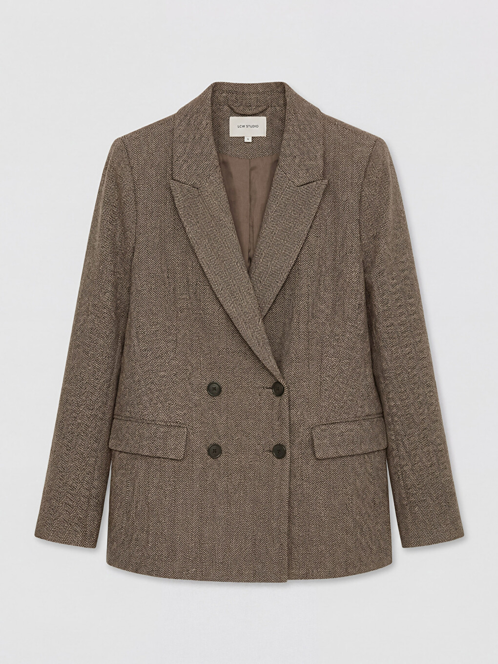 Bej Kruvaze Yaka Desenli Kadın Blazer Ceket-4
