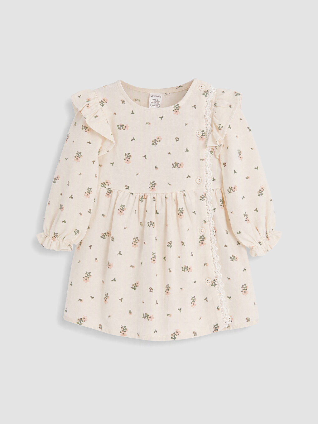 Ekru Çiçekli Gabardin Kız Bebek Elbise