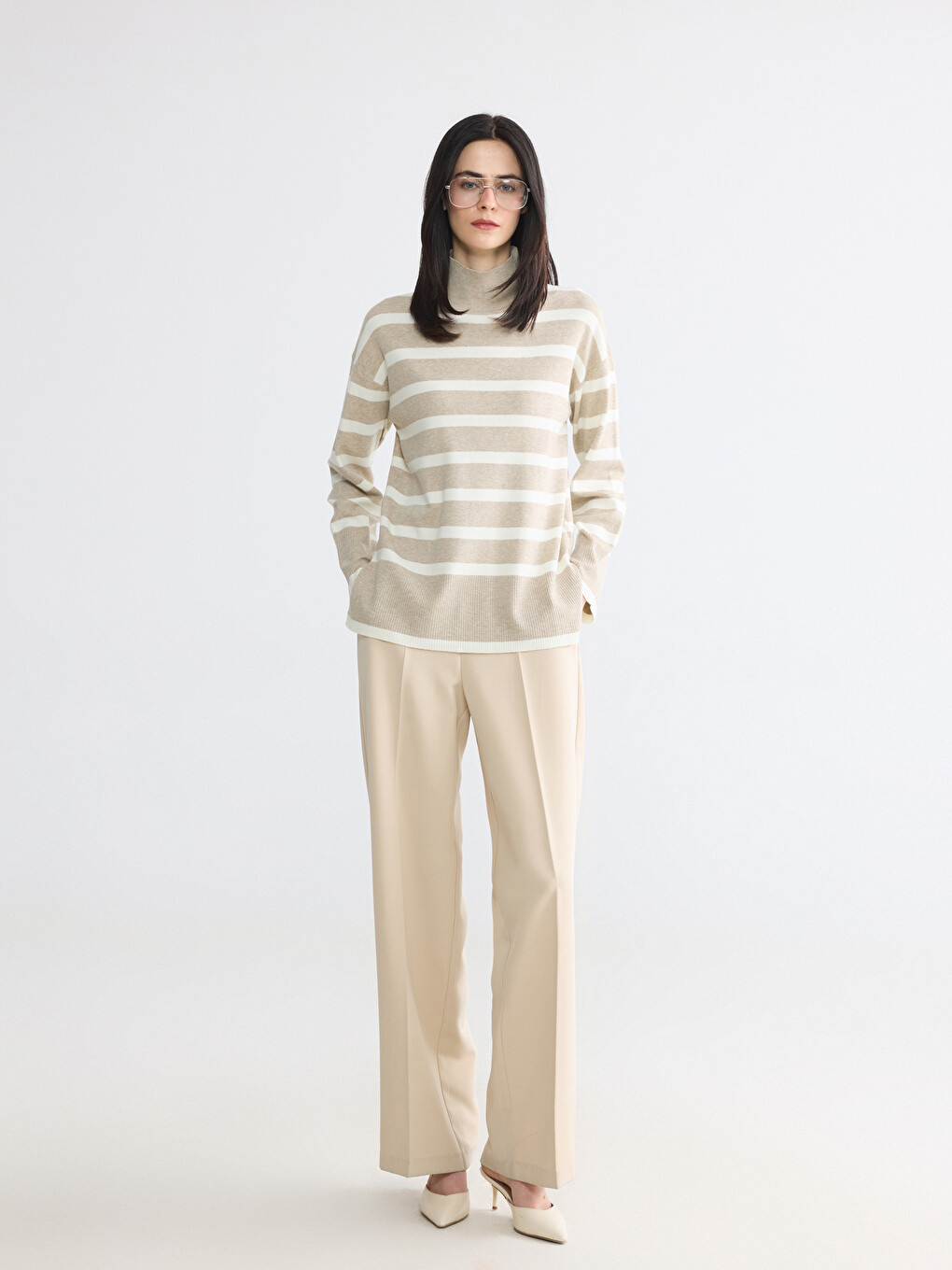 Half Mock Turtleneck Striped Women's Knitwear Sweater-1