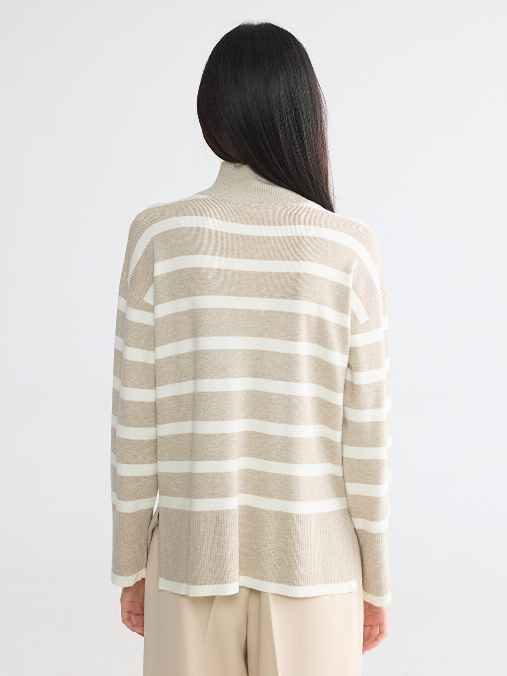 Half Mock Turtleneck Striped Women's Knitwear Sweater-3
