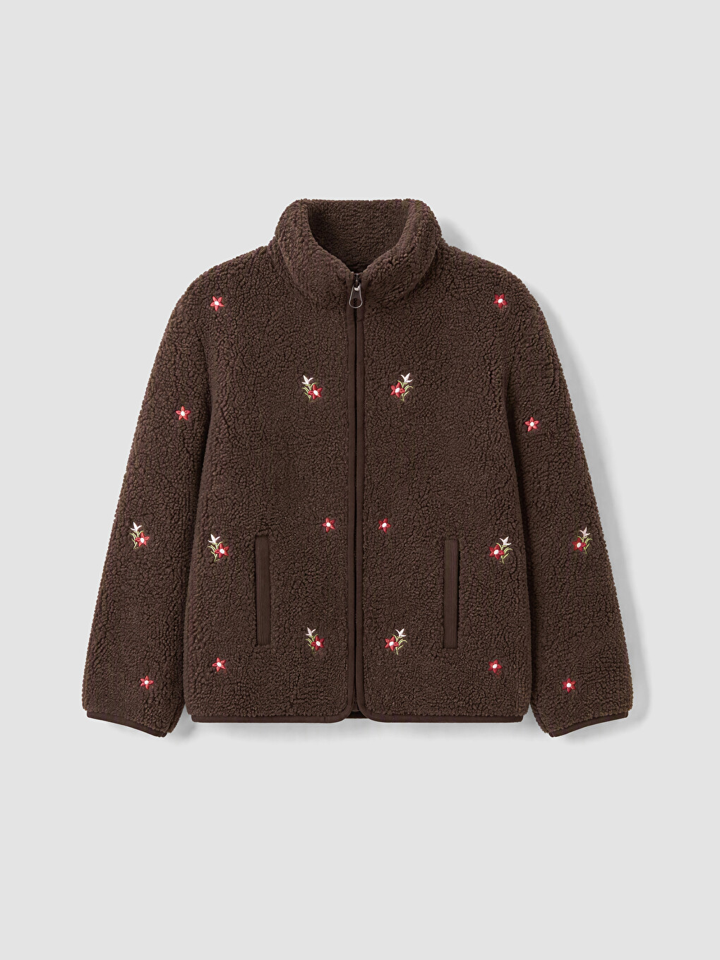 Grandad Collar Embroidered Girls' Plush Coat-1