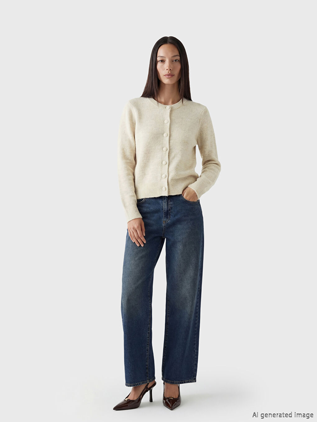 Bej Bisiklet Yaka Kadın Triko Hırka-1