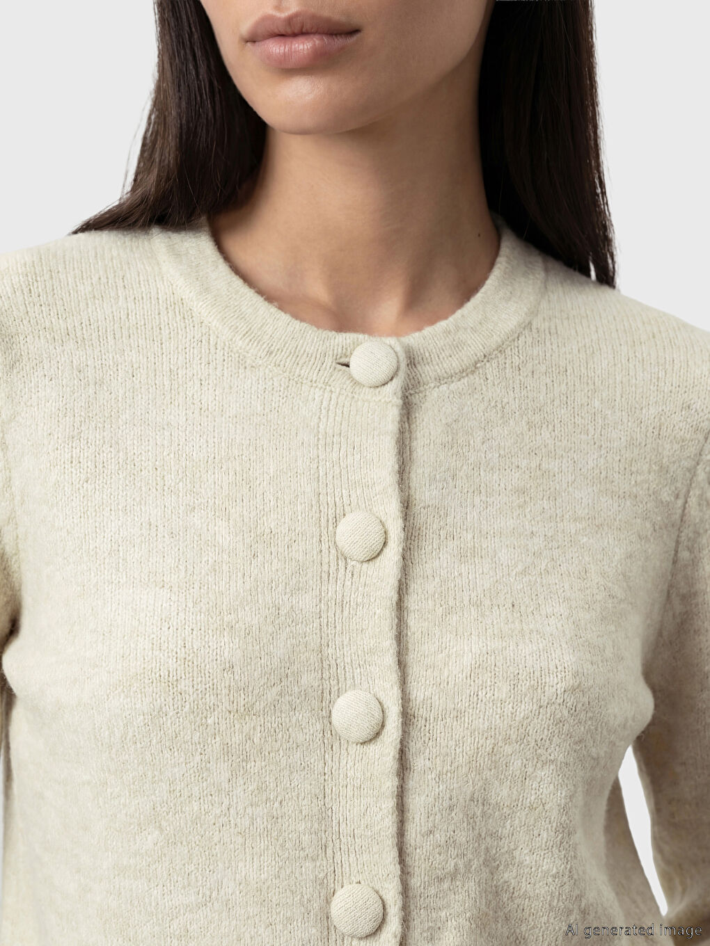 Bej Bisiklet Yaka Kadın Triko Hırka-2