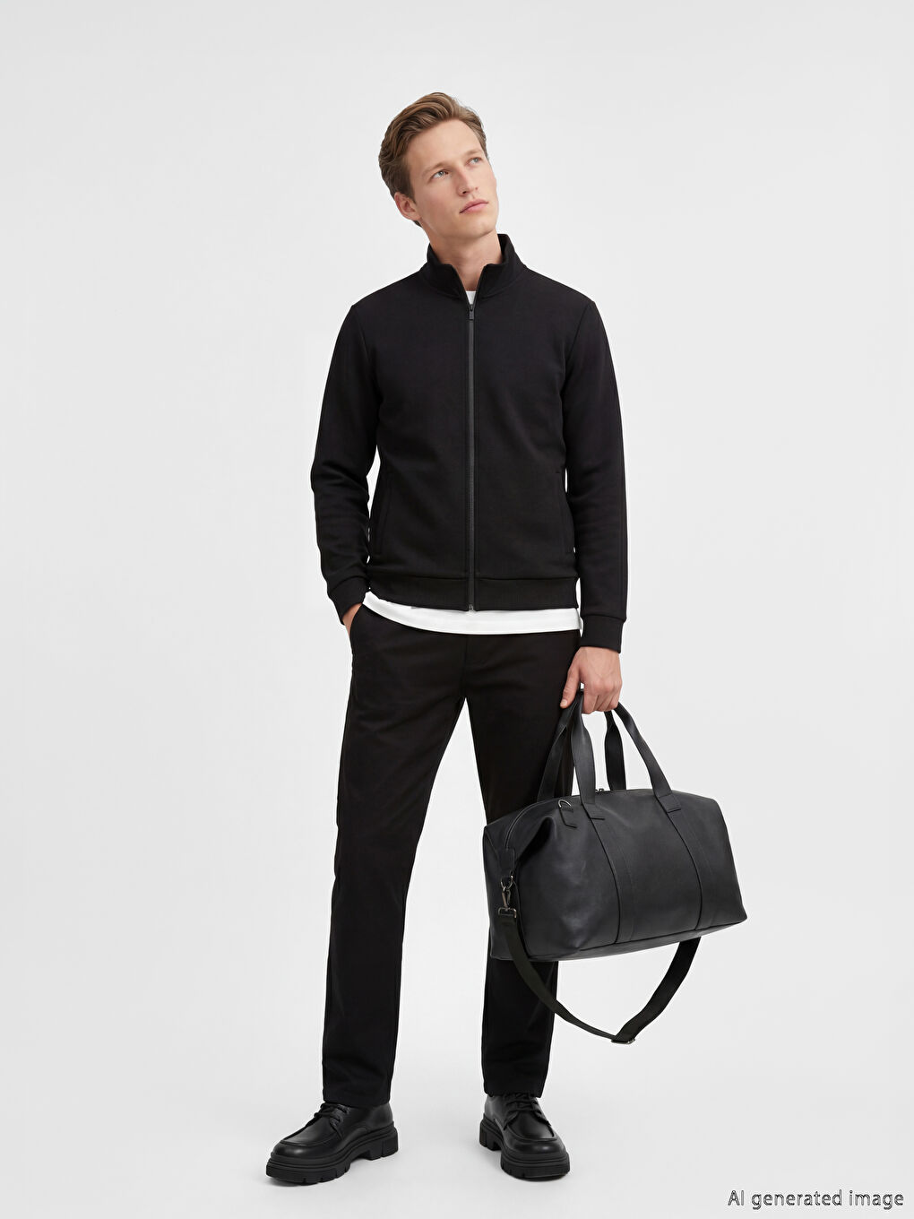 Siyah Dik Yaka Erkek Fermuarlı Sweatshirt-1