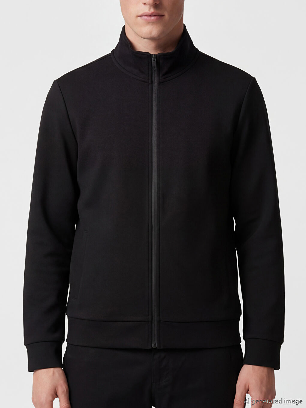 Siyah Dik Yaka Erkek Fermuarlı Sweatshirt-2