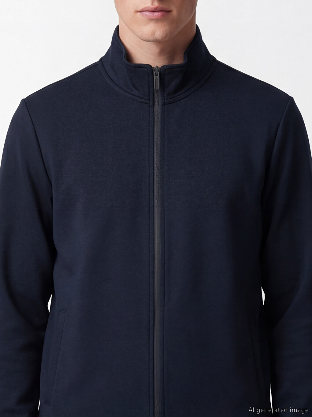 Lacivert Dik Yaka Erkek Fermuarlı Sweatshirt-2
