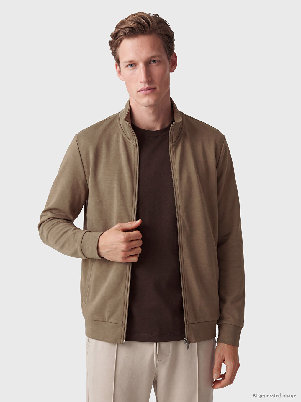 Man Brown Zip-up Sweatshirt