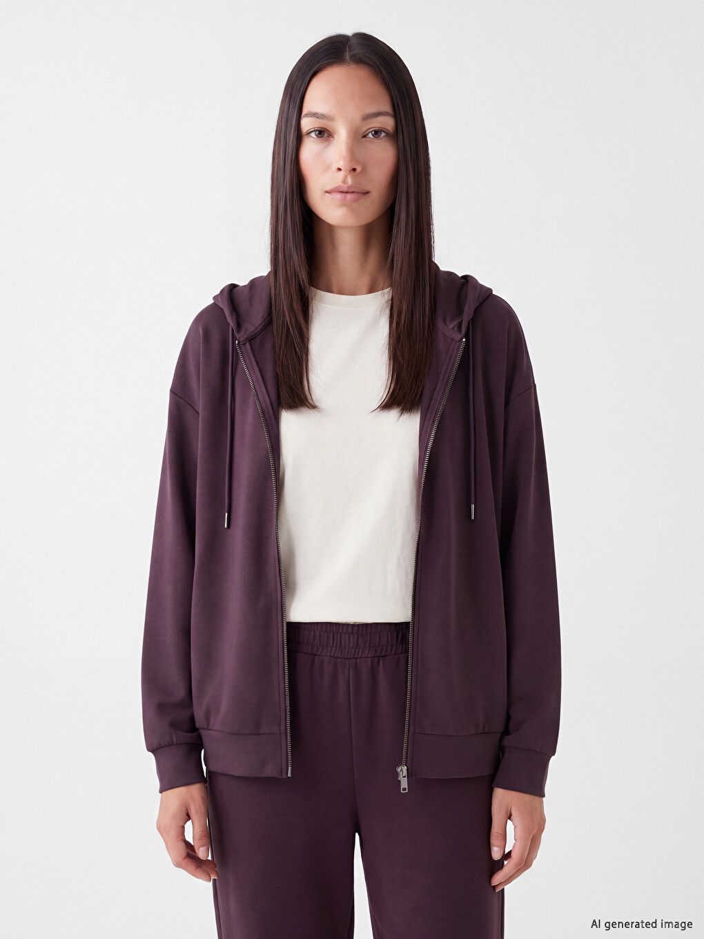 Mürdüm Soft Touch Oversize Kadın Fermuarlı Sweatshirt