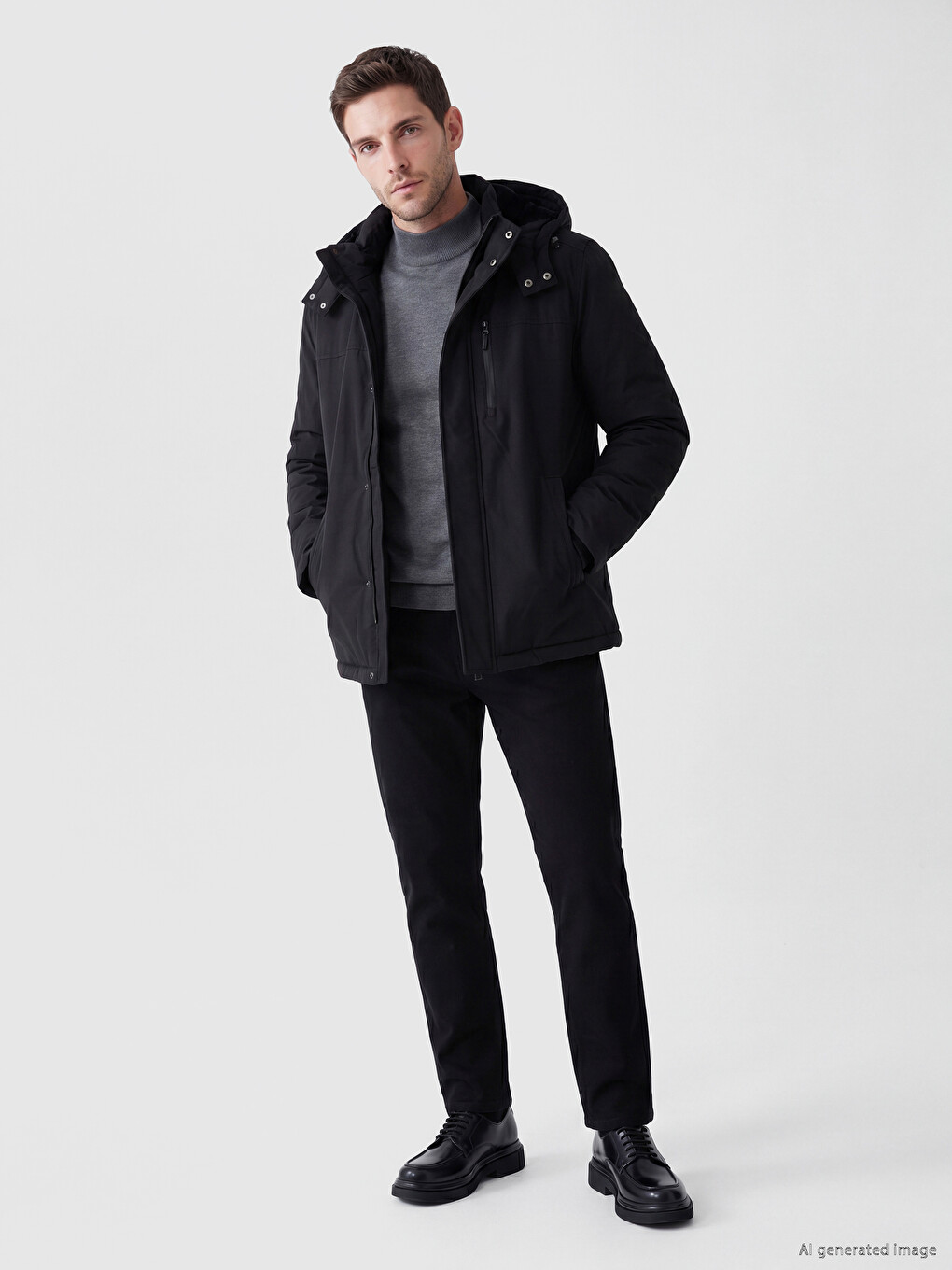 Siyah Regular Fit Kapüşonlu Erkek Mont-1