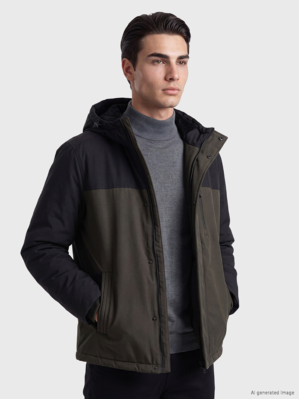 Haki Regular Fit Kapüşonlu Erkek Mont