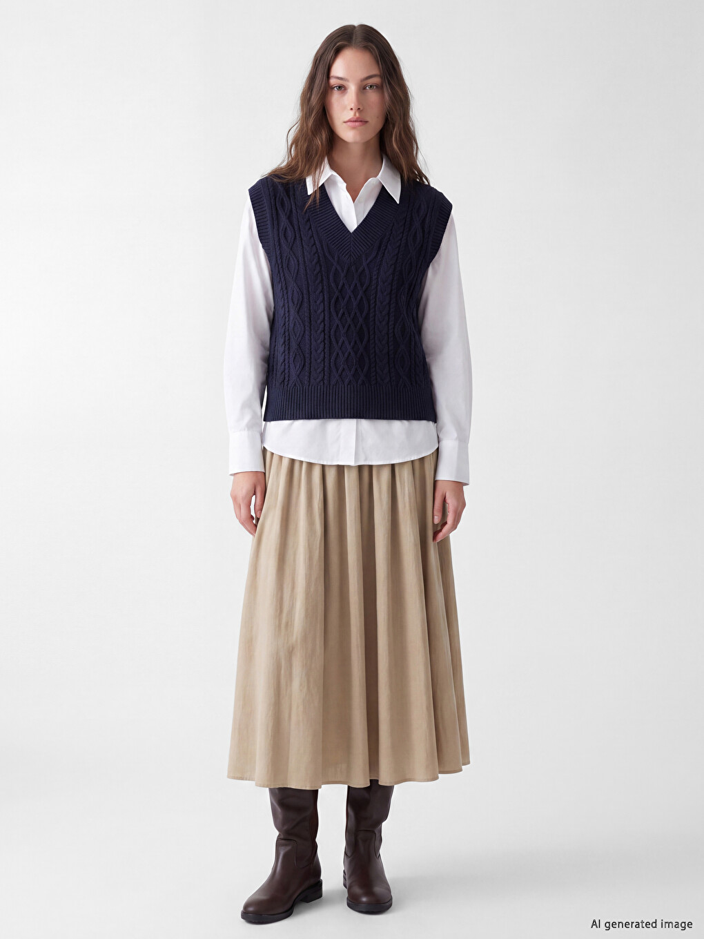 V Neck Cable Knit Patterned Women's Knitwear Sweater Vest-1