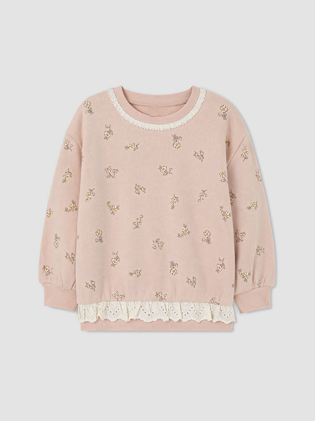 Bisiklet Yaka Çiçekli Fırfırlı Kız Çocuk Sweatshirt