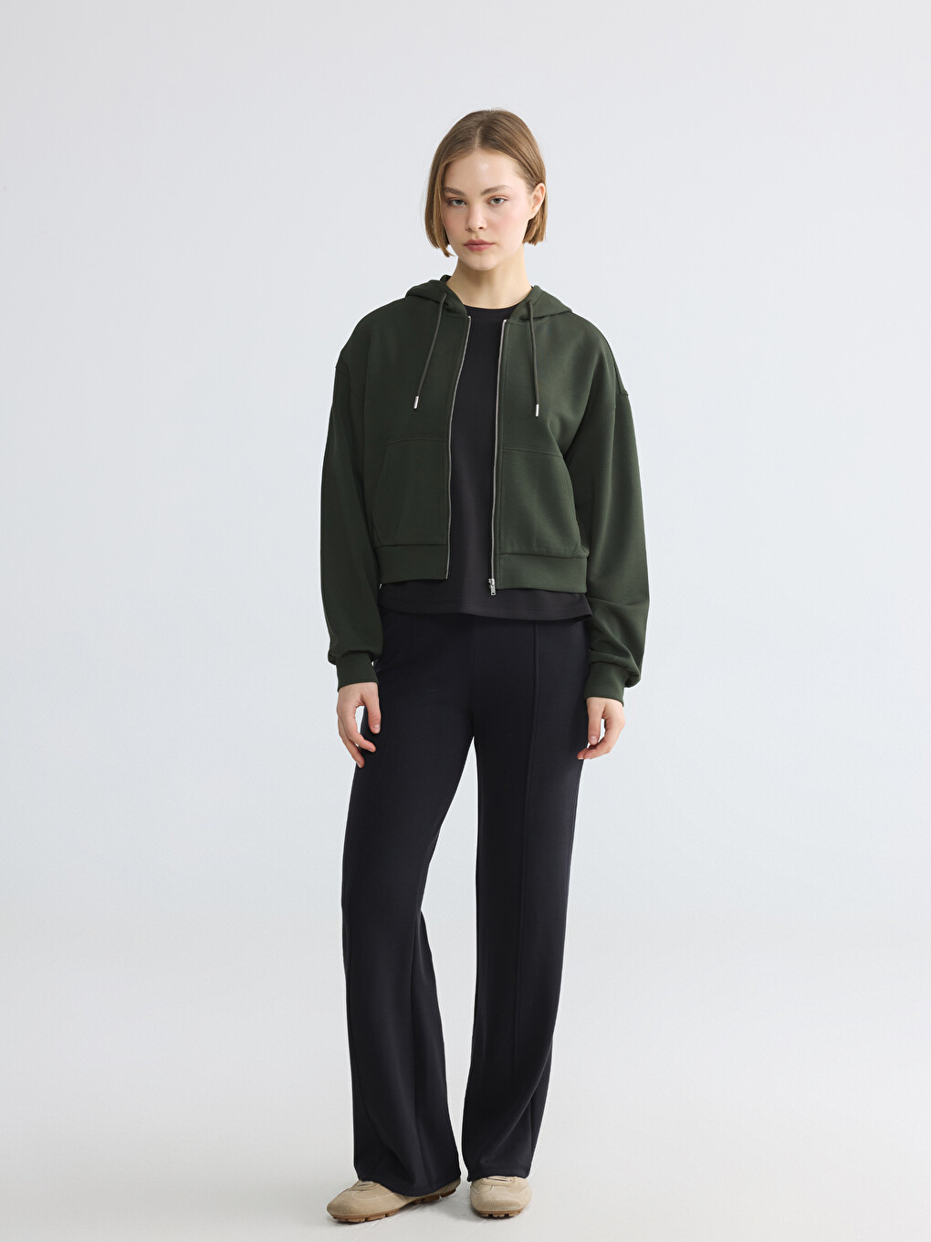 Woman Khaki Zip-up Sweatshirt-1