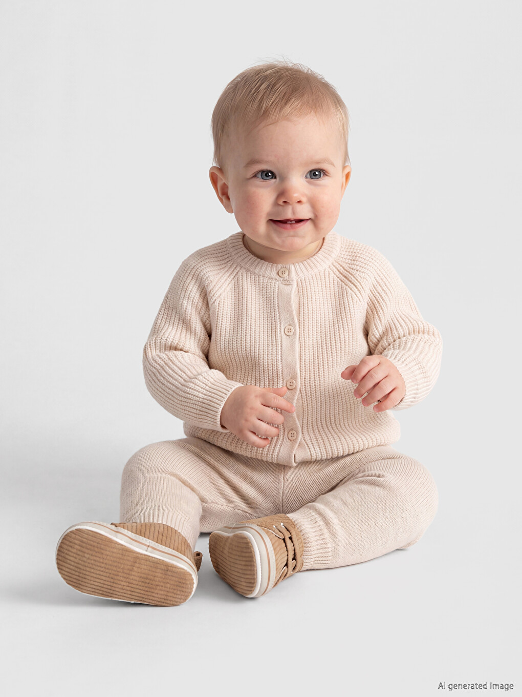 Ekru Beli Lastikli Erkek Bebek Triko Pantolon-1