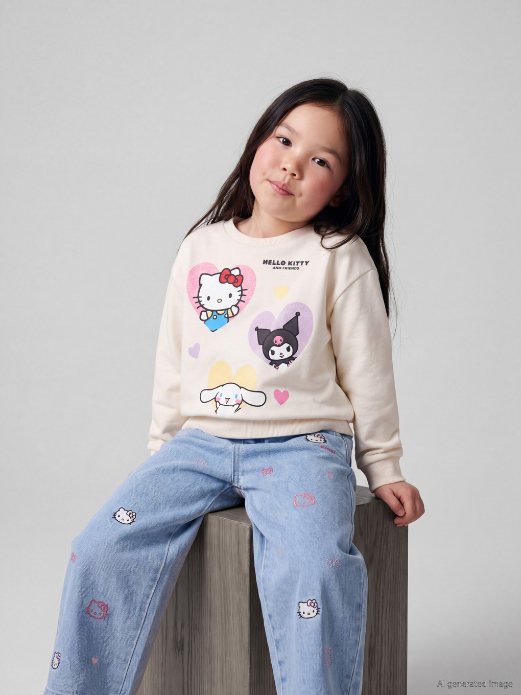 Ekru Hello Kitty Baskılı Kız Çocuk Sweatshirt