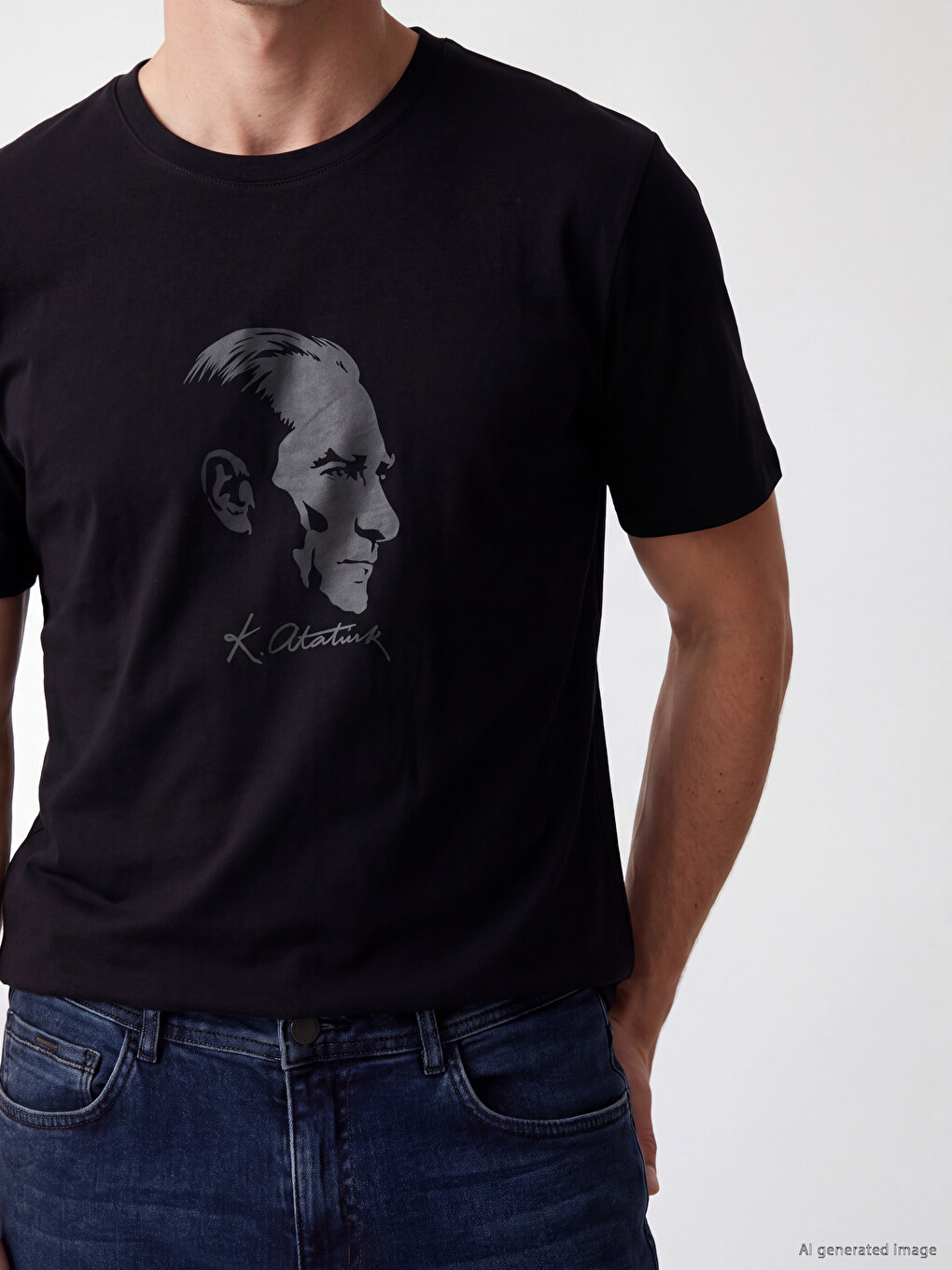 Muška Majica Kratkih Rukava Od Pamuknog Žerseja Sa Štampom Atatürk, Okrugli Izrez-2