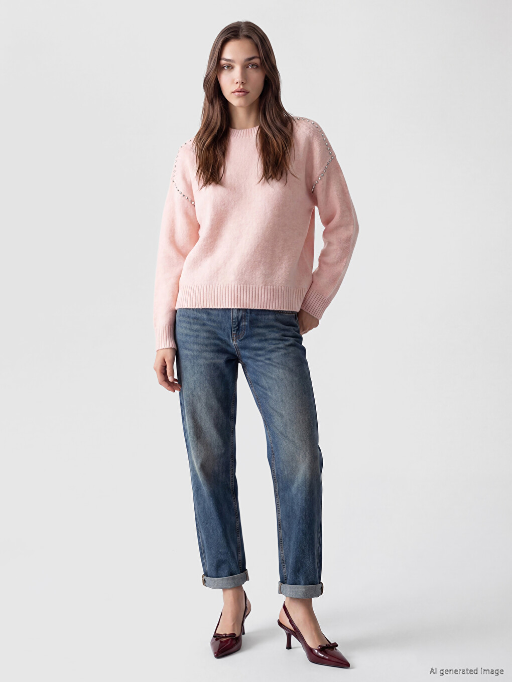Stone Embellished Wool Blended Women's Knitwear Sweater-1