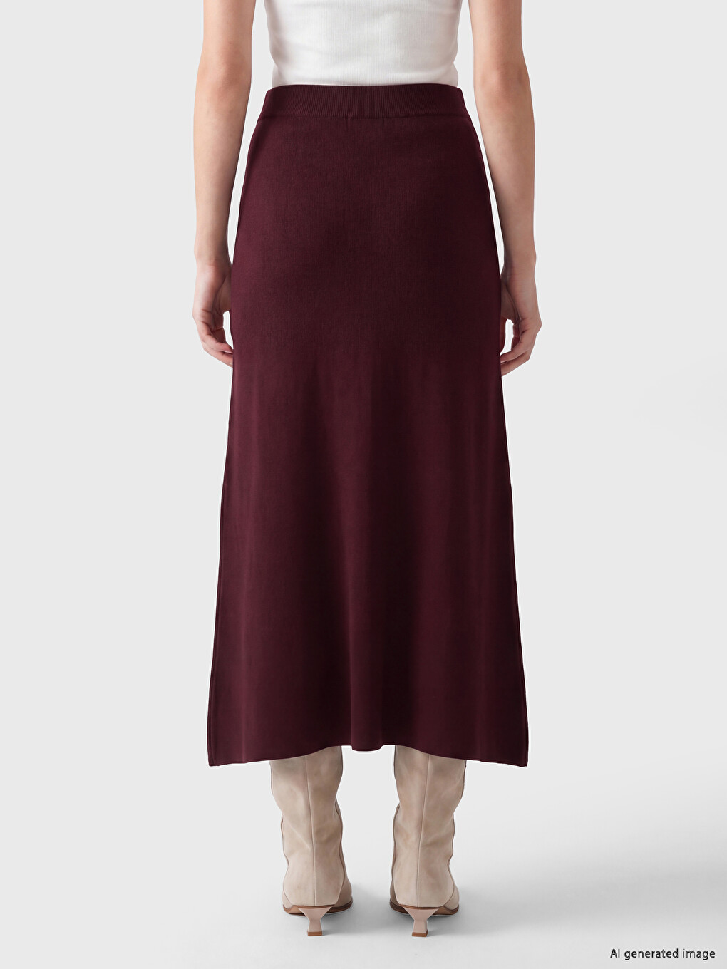 Bordo Beli Lastikli A Kesim Triko Etek-3