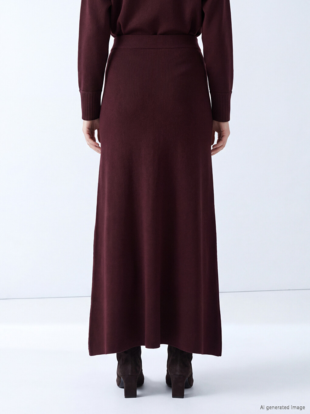 Bordo Beli Lastikli A Kesim Triko Etek-3
