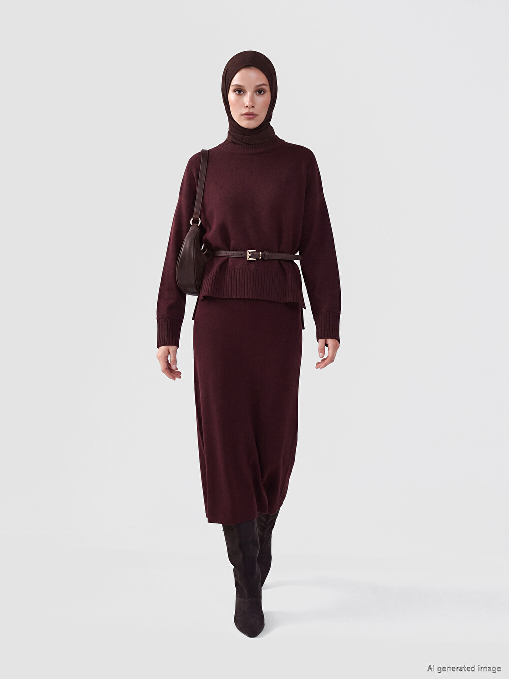 Bordo Beli Lastikli A Kesim Triko Etek