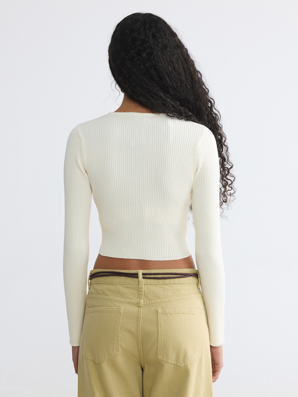 Crew Neck Ribbed Women's Knitwear Cardigan-3