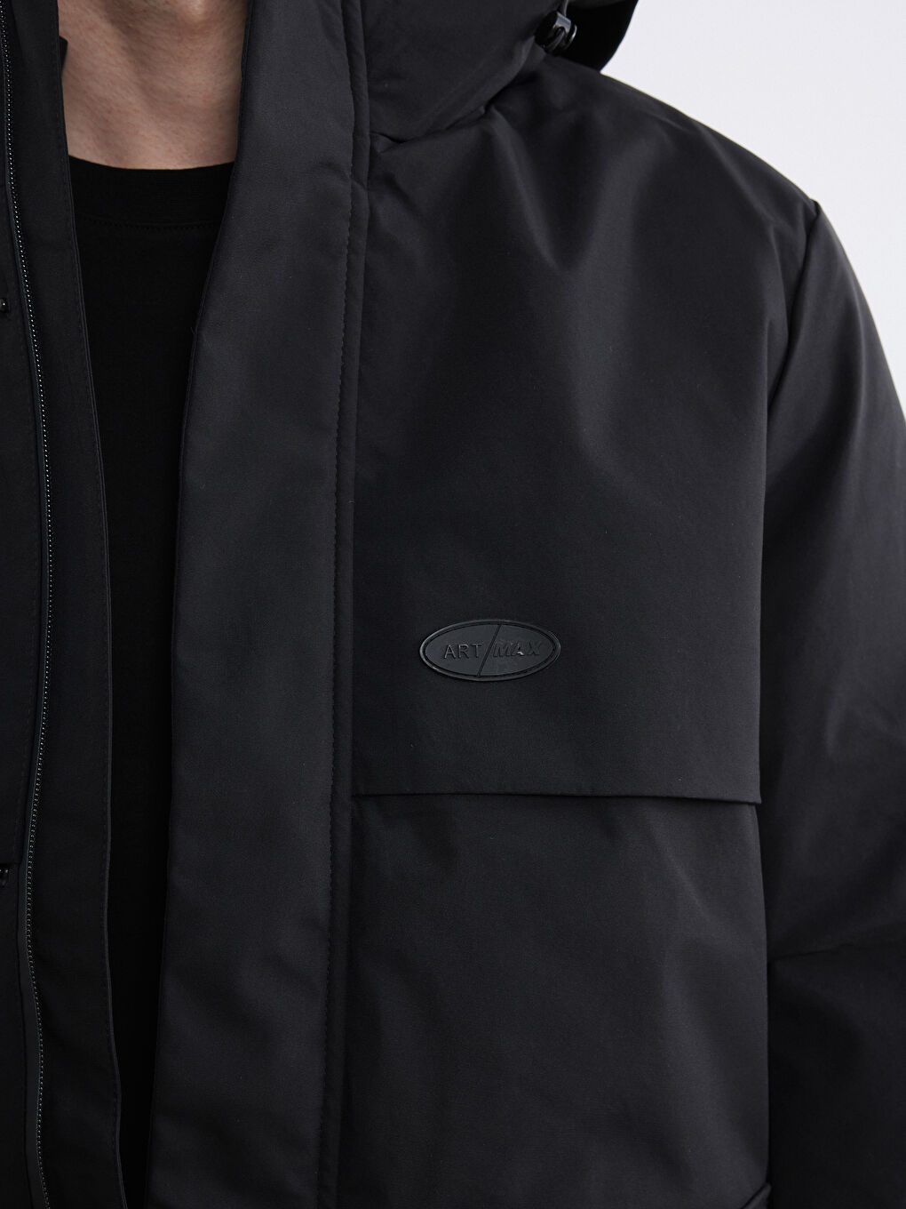Siyah Standart Kalıp Kapüşonlu Erkek Şişme Mont-3