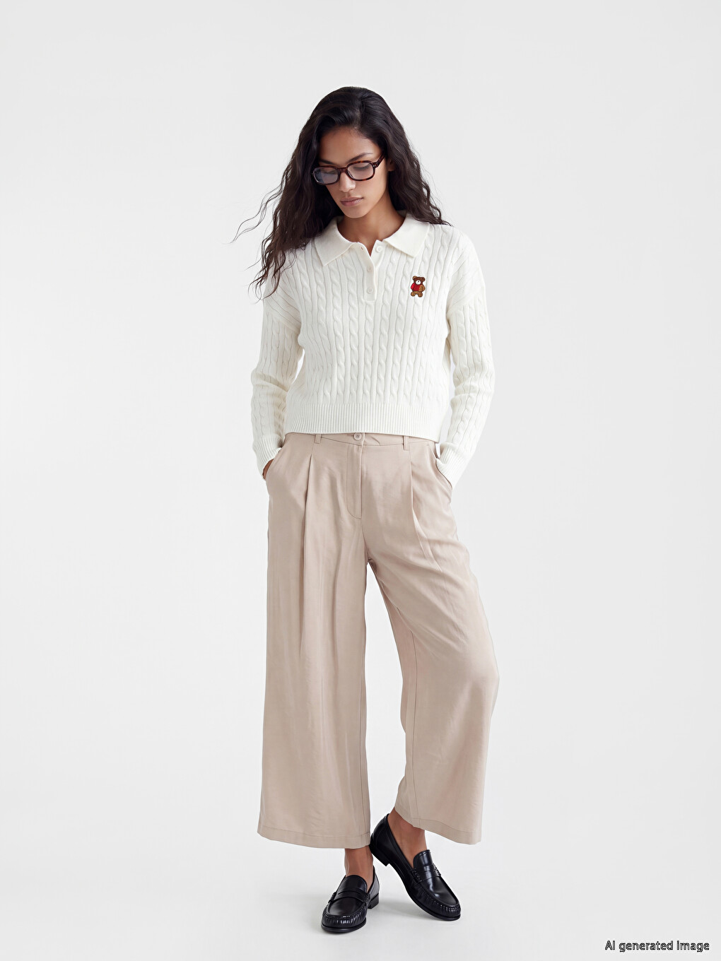 Polo Collar Cable Knit Patterned Women's Knitwear Sweater-1