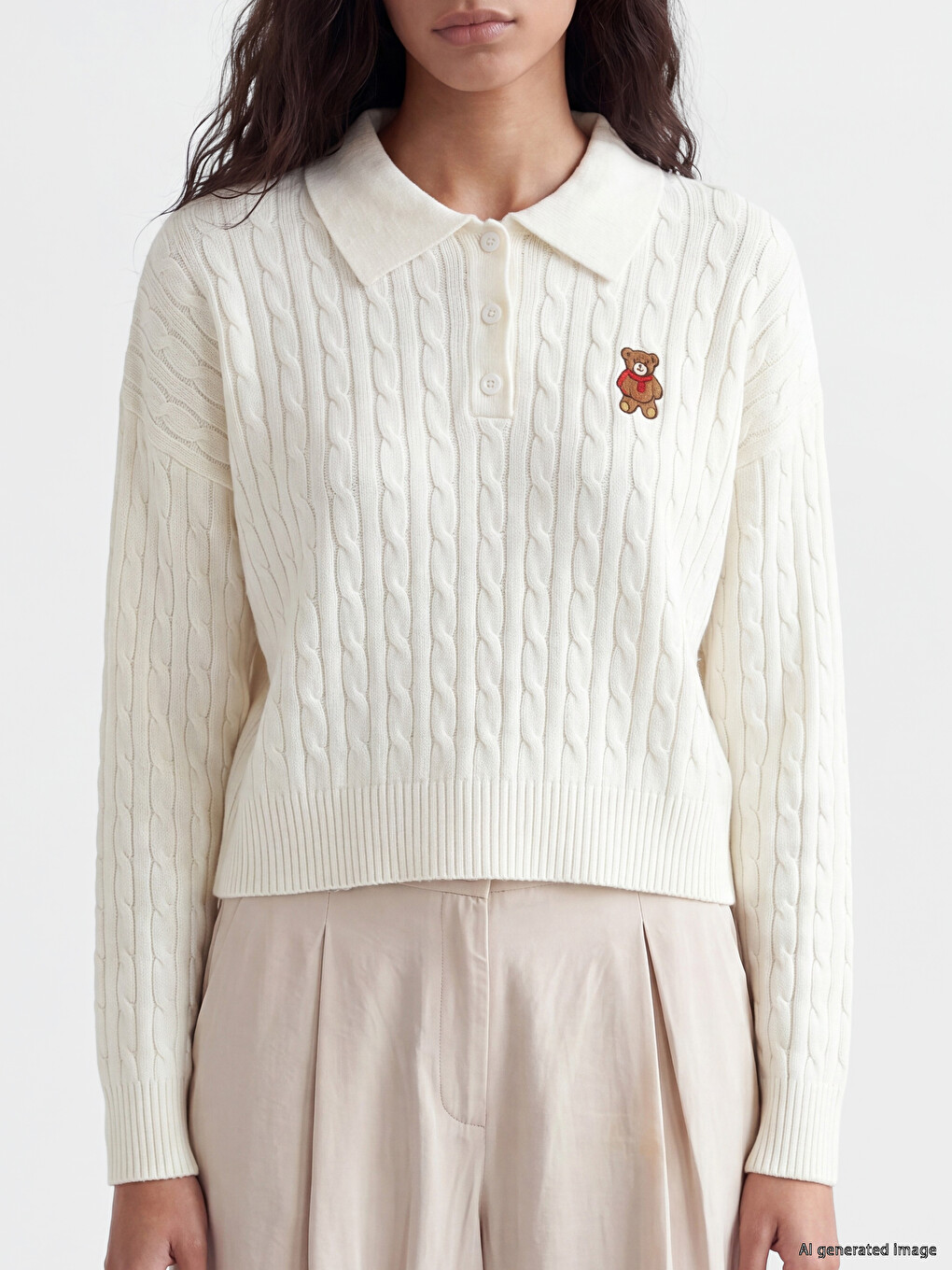 Polo Collar Cable Knit Patterned Women's Knitwear Sweater-2