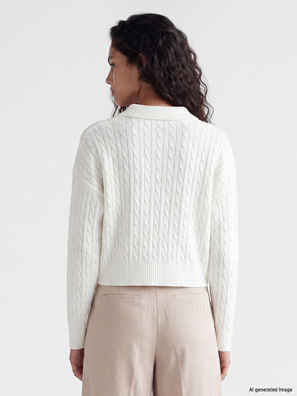 Polo Collar Cable Knit Patterned Women's Knitwear Sweater-3