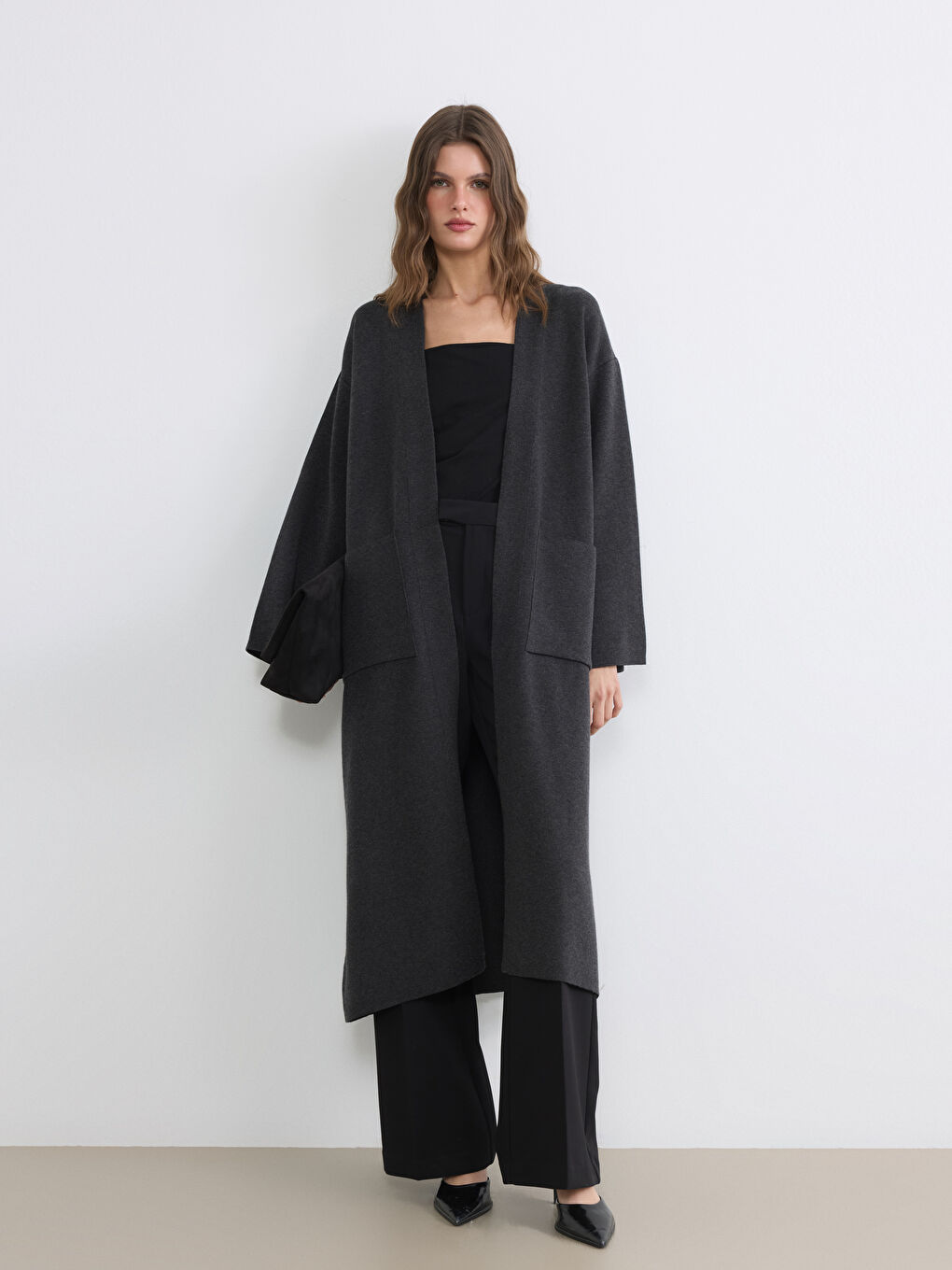 Antrasit Şal Yaka Oversize Kadın Triko Hırka