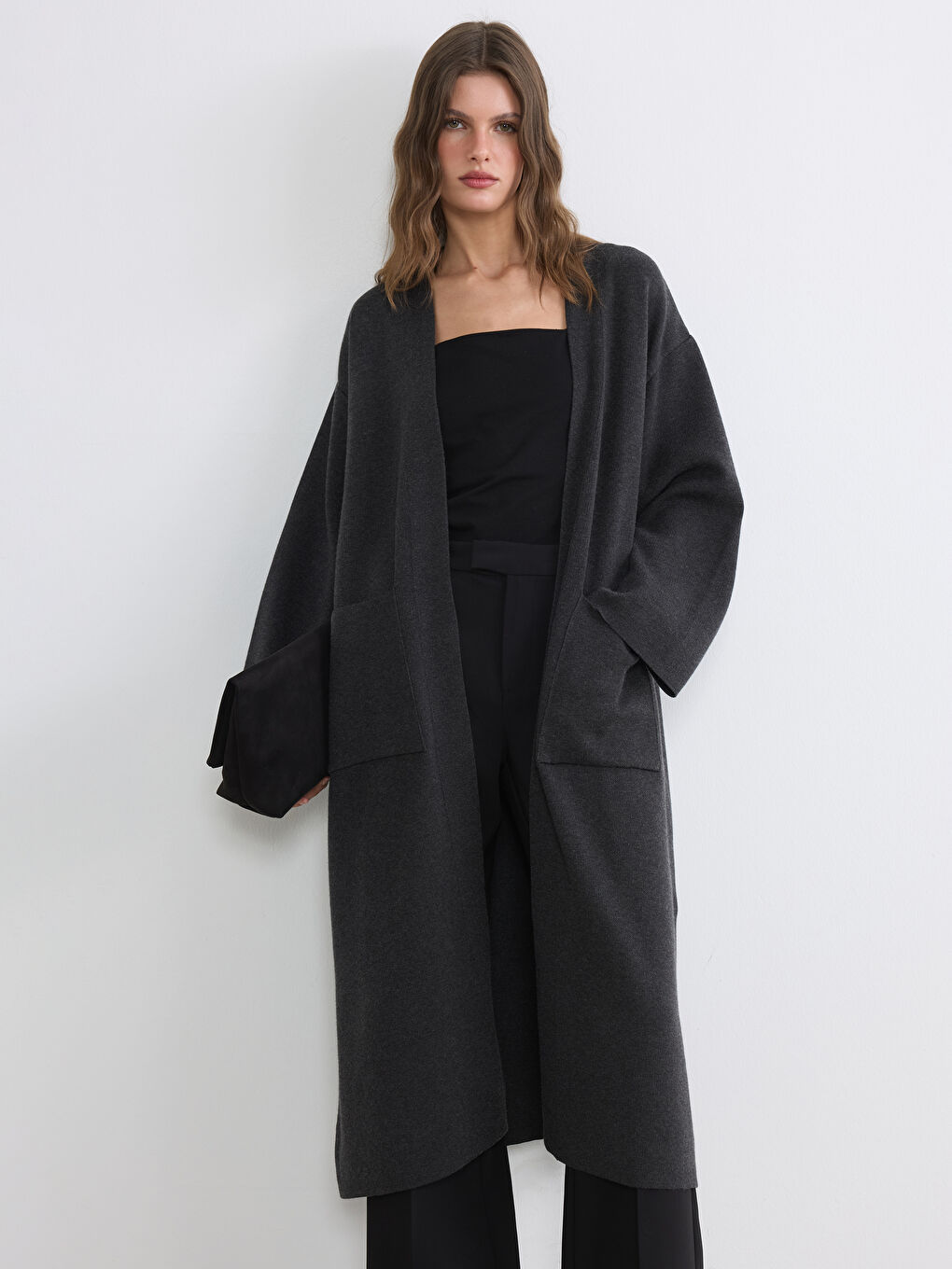 Antrasit Şal Yaka Oversize Kadın Triko Hırka-1